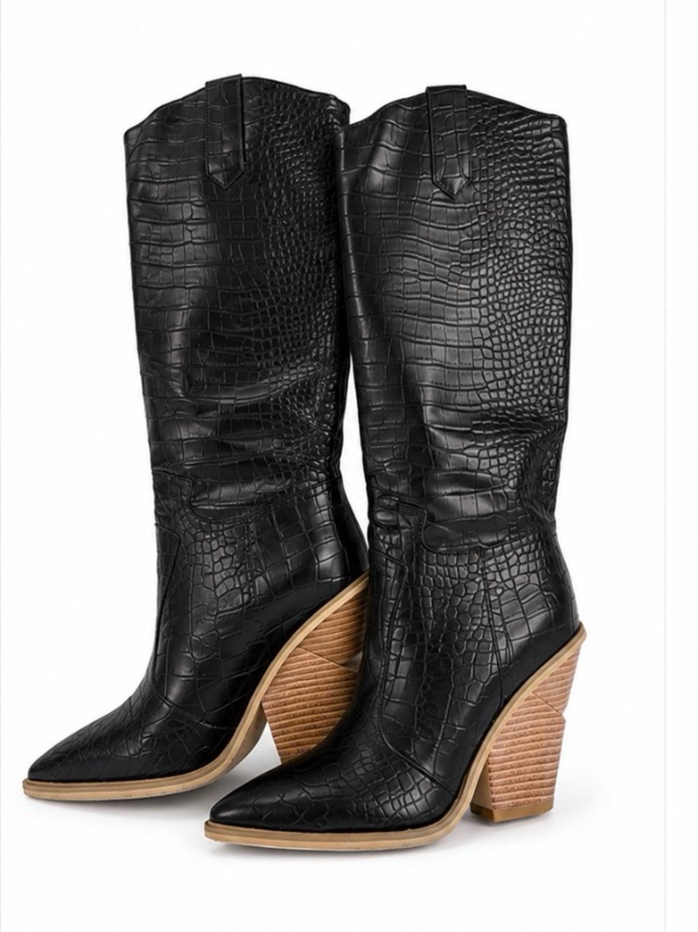 Black Croc-Embossed Western Knee Boots - Size 5